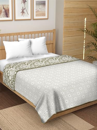 Dream Dwell 100% Pure Cotton Reversible Dohar/AC Blanket for Double Bed |All Weather Light Weight | Floral Design Dohar| Pack of 1-Moss Bel, Green and White.