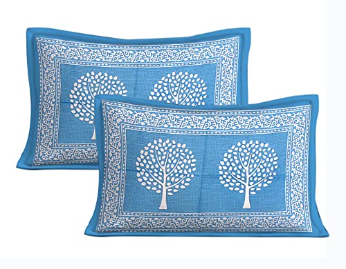 The Trendy Mart Cotton Double Bedsheet Jaipuri/Sanganeri Printed Bedsheets with Pillow Cover, Blue Tree