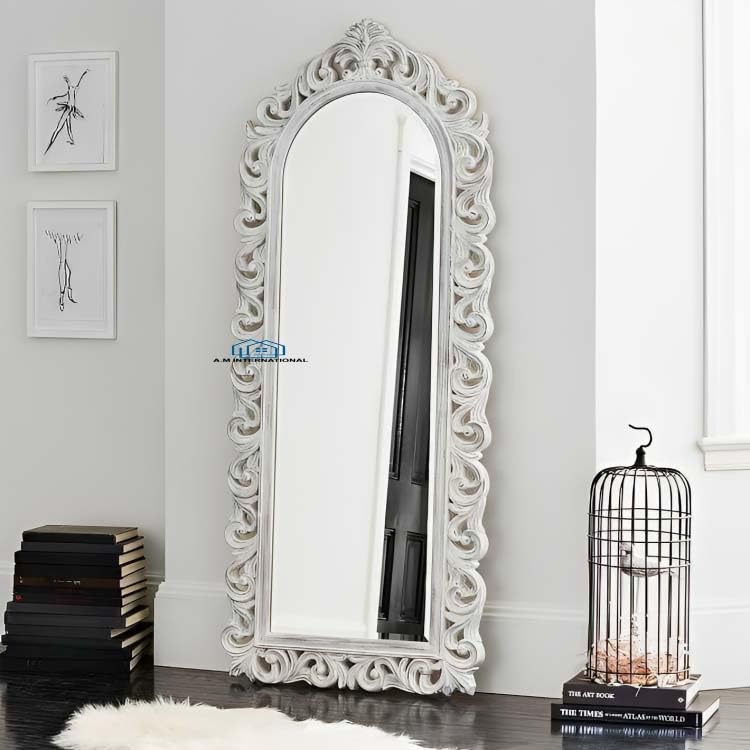 A.M INTERNATIONAL Wooden Carved Wall Mirror Frame Solid Wood, White Distress Finish | with Out Mirror | Size 6 * 2.5 ft (White) (6 * 2.5 ft)