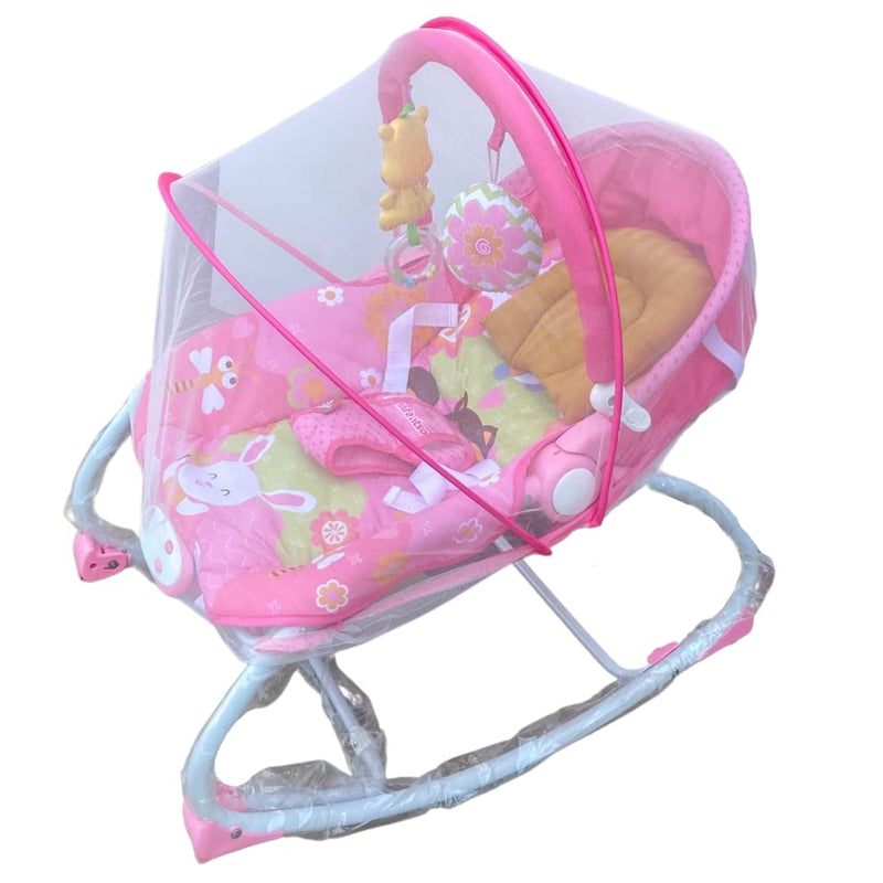 INFANTSO Baby Rocker Portable with Free Mosquito Net & Calming Vibrations & Musical Toy (03 Pink)