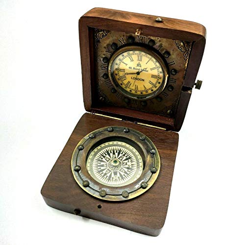 TGA Wooden Desk Clock Compass Collectible Wood Box Gift