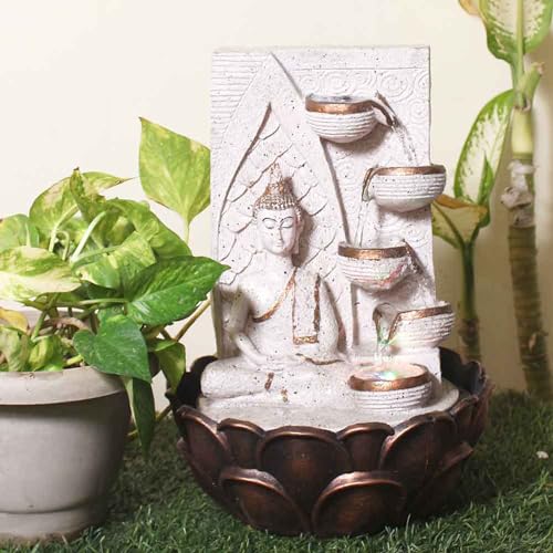 Art N Hub Meditating Buddha Tabletop Waterfall Fountain Decorative Gift Items for Home and Office Decoration | Home Inauguration Gift Items (27 x 27 x 37 CM | Dotted Pink Copper)