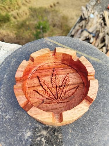 Handcrafted Wooden Ashtray with Carved Leaf Design, Standard Size,Round Shape, 8 Holders, Perfect for Gift & Home Decor - Pack of 1