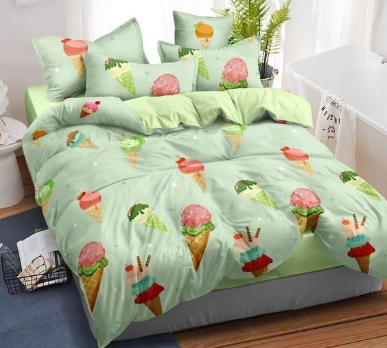 DIVINE OVERSEAS Premium Micro Fabric Kids Bed Sheet Set - Green Softy Ice Cream Design - 1 Double Size Bed Sheet (90" x 100") & 2 Pillow Covers - Ultra Soft, Durable, No Pilling, No Shrinking