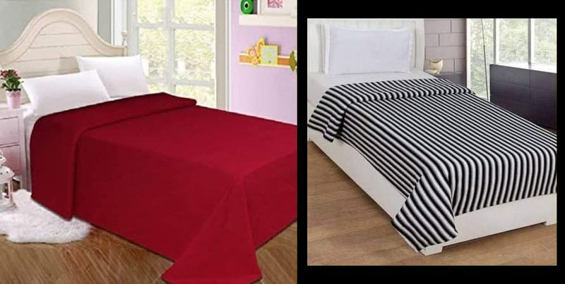 Wavva® Plain and Black and White Fleece 2 Single Bed Blankets-Red and Black and White (Set of 2)