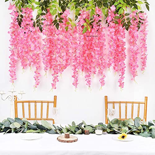 WELL ART GALLERY 6 Pack 3.75 Feet/Piece Artificial Fake Wisteria Vine Ratta Hanging Garland Silk Flowers String Home Party Wedding Decor (6PCS- Large Wisteria) (Pink, 12)