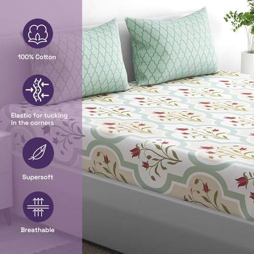 100% Cotton 152 TC Fitted Bedsheet with 2 Pillow Covers | Booke Queen, 72" x 60", Booke| 1.83m x 1.52m