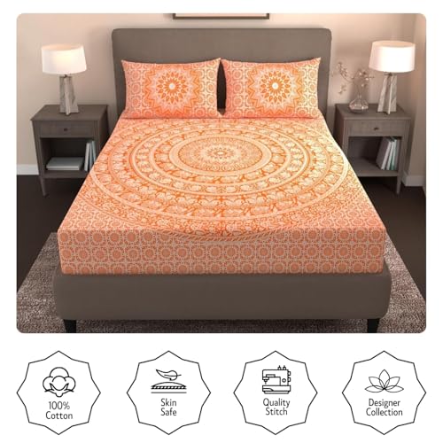 Värde Classic Collection Double Bedsheet with 2 Pillow Cover | 100% Cotton Bedsheets for Double Bed | All Season Comfort | Handmade Handloom Bedsheet | Size 86x90 inches (ArtyClick Orange)