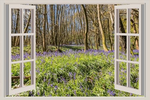 JVERF - JZZA28792 Spring Bluebells Trees Grass| Self-Adhesive Open Window Wall Sticker