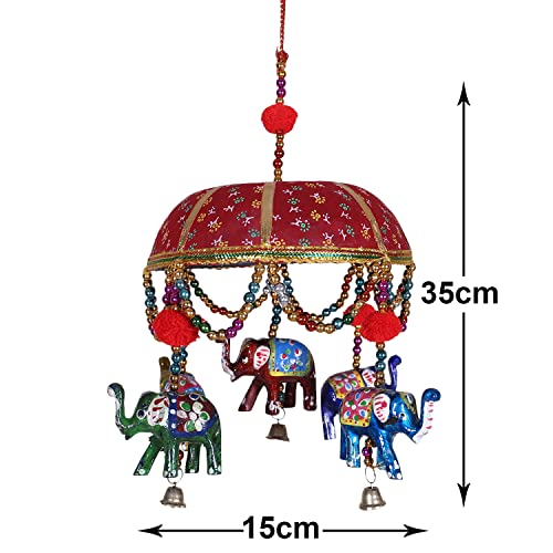 Urbane Home Rajasthani Traditional Windchimes|Handcrafted Latkan|Toran With 5 Decorative Hanging Elephants (Red)