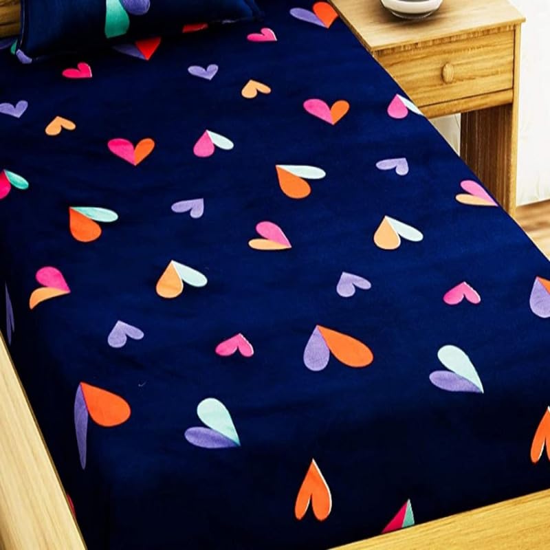 Vaastu Furnishings Prime Collection Ultrasoft Skin Friendly Printed Flat 1 Single Bedsheet with 1 Pillow Cover (Size 60 x 90 Inch) - Blue Hearts Gold Single2