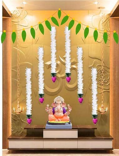 AGNIRVA Handmade Designer Lotus and White Gajra Artificial Flower Garland Wall and Door Hanging for Home Pooja Diwali Wedding and All Festival Temple Decoration (18 Inch, Set of 6)