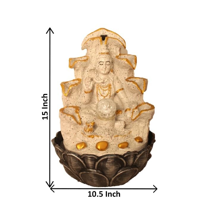 Art N Hub Lord Shiva Tabletop Waterfall Fountain Decorative Gift Items for Home with Crystall Ball LED Light | Home Inauguration Gift Items (27 x 27 x 38 CM | Dotted White Golden)