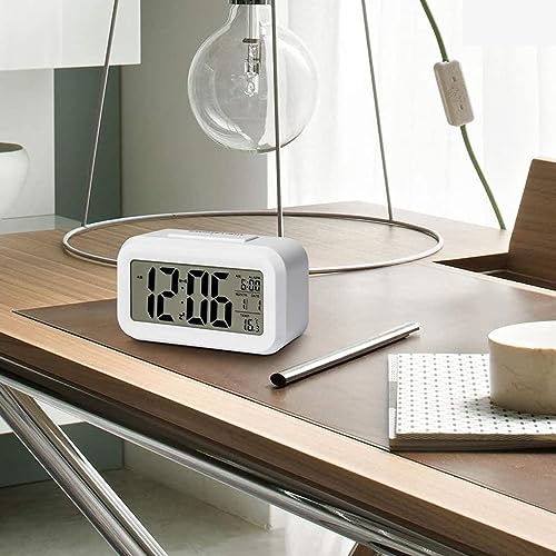 Kadio Digital Alarm Clock,Battery Operated Small Desk Clocks,with Date, Indoor Temperature,Smart Night Light,LCD Clock for Bedroom Home Office (White)