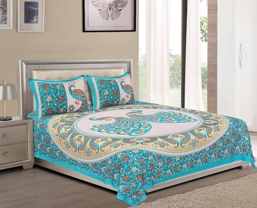 Shivanshi Jaipuri Traditional Luxury Sanganeri Print 144 TC Cotton Double Size Bedsheet with 2 Pillow Covers - Peacock (Green)