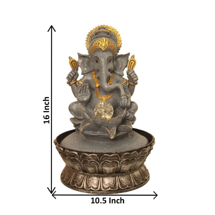 Art N Hub Lord Ganesha Tabletop Waterfall Fountain Decorative Gift Items for Home and Office with Crystall Ball LED Light | Home Inauguration Gift Items (27 x 27 x 40 CM | Dotted Grey Golden)