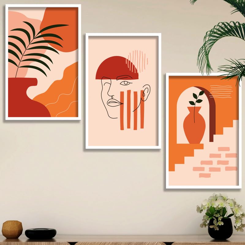 SAF paintings Set of 3 Abstract Boho modern art design Premium white Framed Bohemian wall painting for for Wall, Home and Living Room Decoration 80 cms x 34.29 cms COMBO-2097-K3