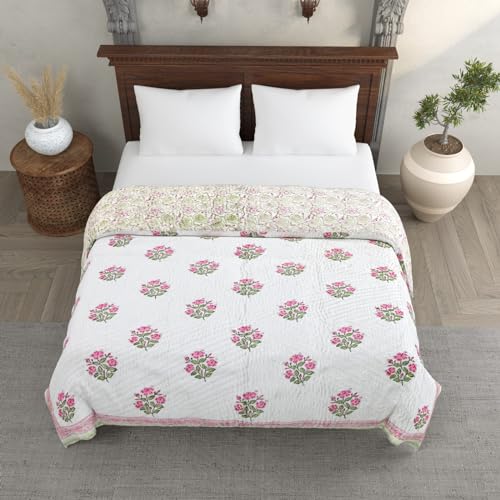 Ahnef Furnishing Original Pure Cotton Jaipuri Razai Hand Block Pink Flower Green Tree Print Reversible Comforter Lightweight AC Quilt Summer and Winter Bedding Bed Blanket Double Bed 90X108