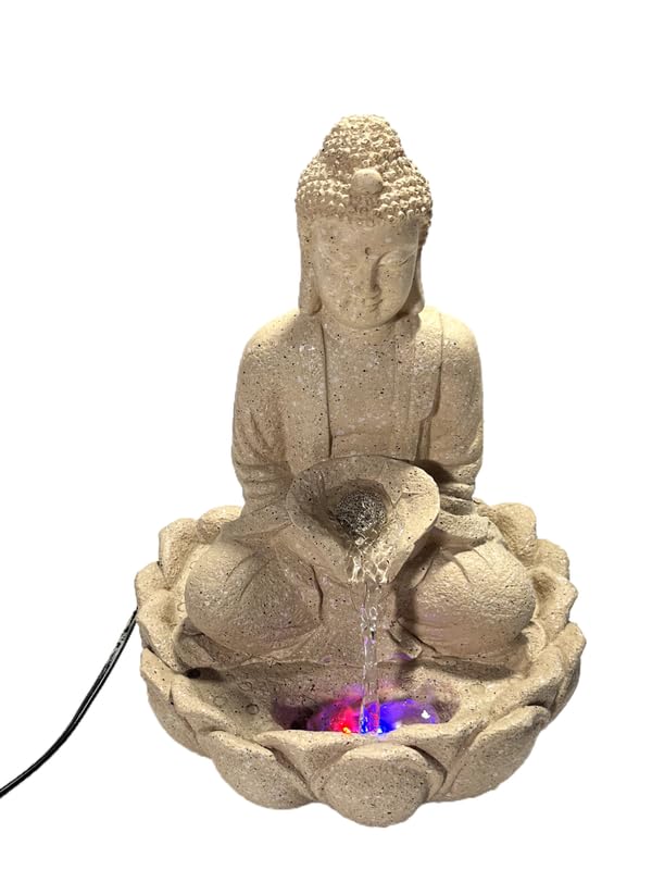 DGC Lotus Buddha Water Fountain with LED Lights & Water Pump | Tabletop Water Fountain | Vaastu Kamal Buddha Fountain for Home, Office, Garden Or Gifting (Beige, 23x15x34 CM)