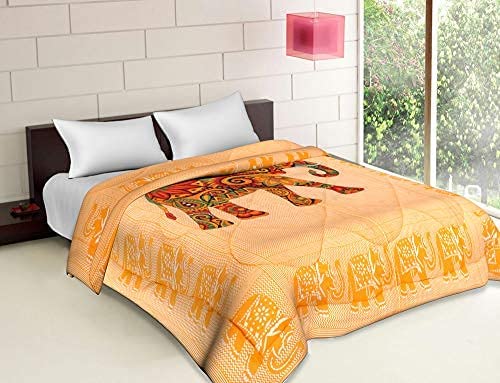 URBAN HAAT Cotton Single Bed Hand Block Printed Machine Stiching Jaipuri Quilt/Razai/Comforter in Branded Travel Bag (90 * 62 Inch)