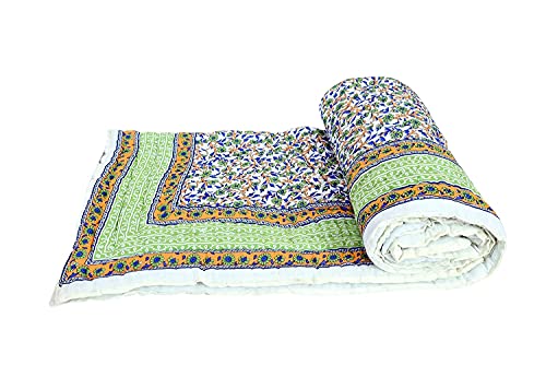 SVT Traditional Famous Rajasthani Print Jaipuri Beautiful Floral Print in Multi Green mughal Print Jaipuri Rajai/Razai/Quilt Twin Size/Twin Size Bed Quilt/Comforter/AC Quilt/AC Comforter