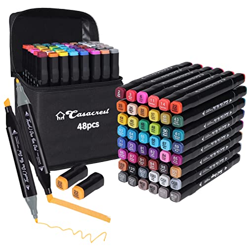 casacrest Dual Tip Art Markers 48 Colours with Carrying Case for Painting Sketching Calligraphy Drawing - Odorless & Non Toxic Twin Head Permanent Colouring Marker Pens for Kids Adult Beginners