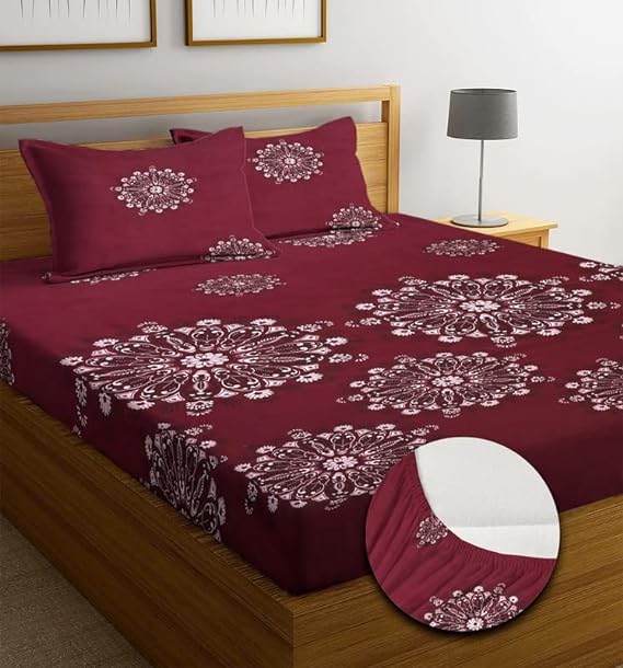 ELMORA Glace Cotton 210 TC Elastic Fitted Bedsheet King Size Bed with 2 Pillow Cover Soft Glace Cotton Bed Cover in Fitted Bedsheet (Size 78x72x8 Inch) (Maroon Charkha)