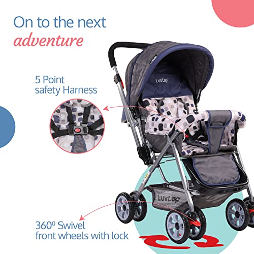 LuvLap Sunshine Baby Stroller / Pram for 0 to 3 Years, New Born /Toddler / Kid, 5 Point Safety Harness, Adjustable backrest, 360° Swivel Wheel, Large storage basket, Reversible Handlebar(Navy Blue)