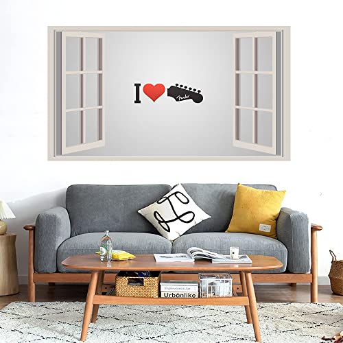 GADGETS WRAP Printed Wall Decal Sticker Fake Window Style Decal (90cm x 50cm) - i Love Guitar red Heart