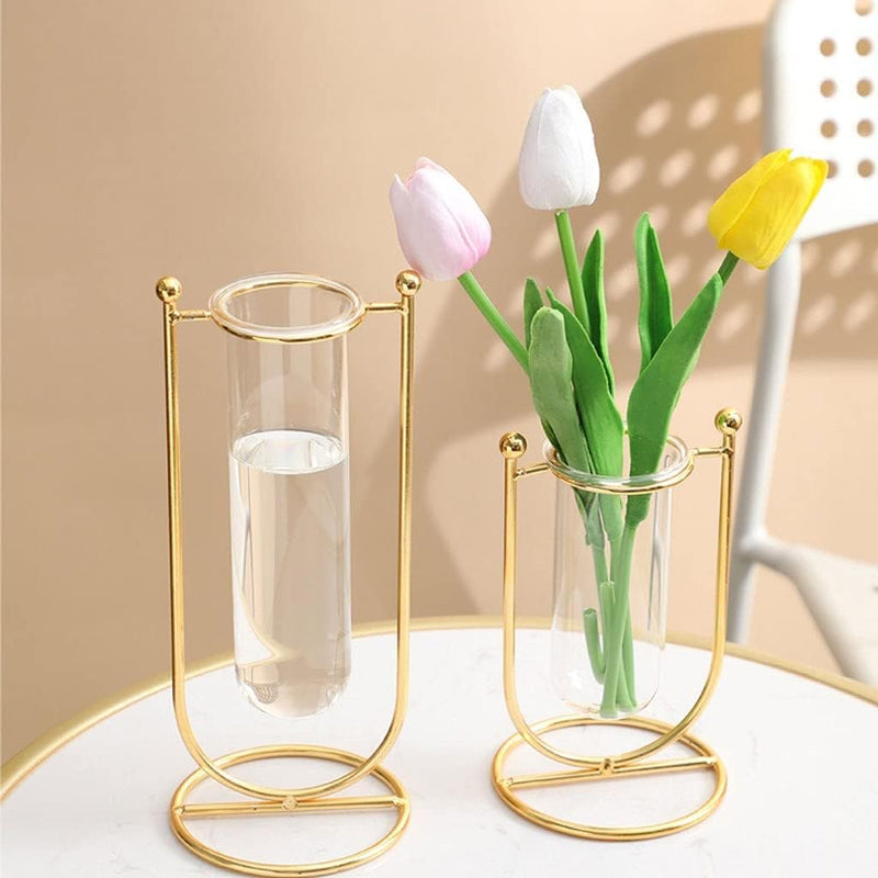 THE UNIQUE DESIGNS™ Desktop Glass Planter Hydroponics Vase Glass Propagation Station with Modern Creative Geometric Metal Frame Test Tube Vase for Home Office Decor Table Top (Set of 2)