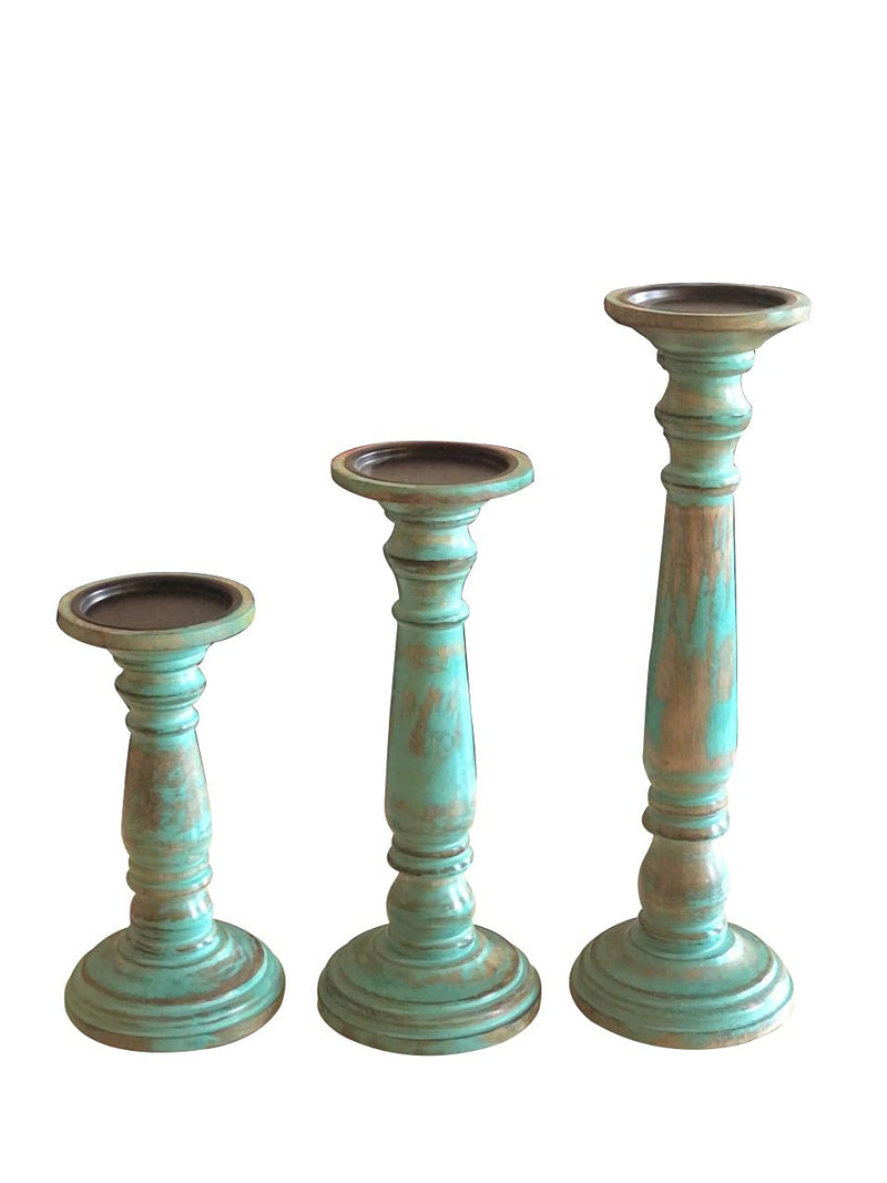 The RAAVYA Handmade Wooden Candle Stand Set of 3 | Candle Holders for Dining | Wooden Stands for Living Room (Green)