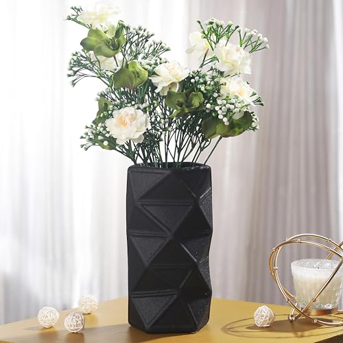 TIED RIBBONS Geometric Ceramic Flower Vase (Black, 20 cm x 8 cm) for Home Decor Flowers Plants Living Room Dining Table Office Decoration Items