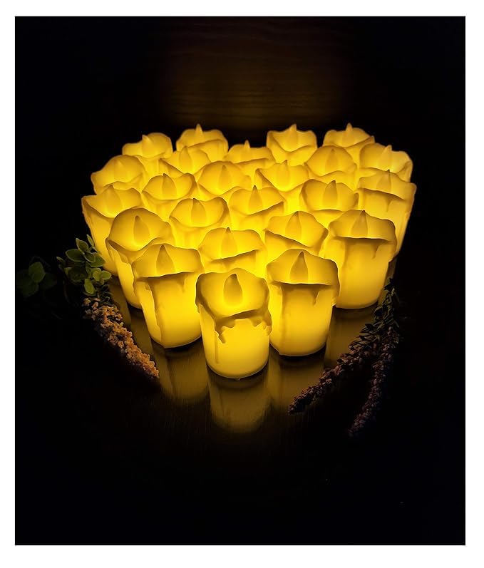 Veecraft LED Candles, Smokeless/Flameless Tealight Candles, Battery Operated for Home Decoration, Diwali, Christmas, Anniversary, Birthday (Yellow, Melting Flame, Pack of 24)