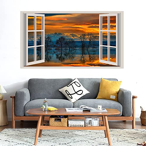 GADGETS WRAP Printed Wall Decal Sticker Fake Window Style Decal (90cm x 50cm) - Sunset Lake