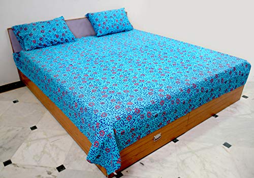 Miyanbazaz Textiles 100% Cotton Double Bedsheet with 2 Pillow Covers - Multi (Sky Blue)