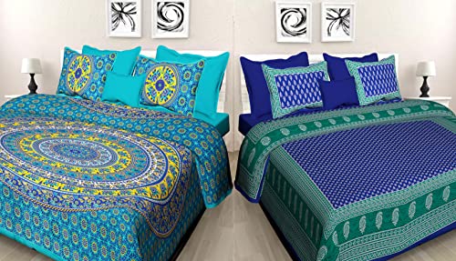 JAIPUR PRINTS Pure Jaipuri Print 100% Cotton Rajasthani Combo Bedsheet for Double Bed Tradition 2 Double Bedsheet with 4 Pillow Cover - FASHION-12