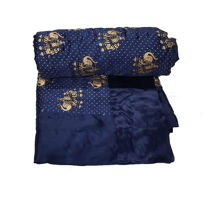 fashhub Silk Double Bed Jaipuri Razai Quilt Light Weight - Abstract, Blue- All Seasons Comfort Quilt(Blue Hathi Print)