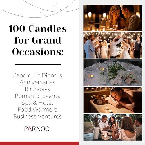 100 Pack Tealight Candles in Metal Cups - Clean, White Unscented Tealight Candles with 4.5 Hour Long Burning Time - Votive Candles Bulk for Romantic Dinner, Weddings, Spa & Hotels by PARNOO