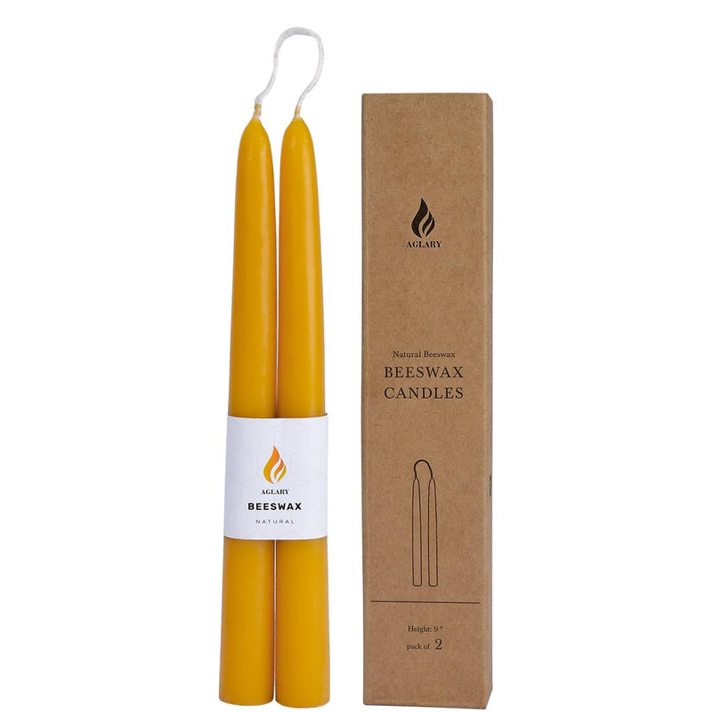 Aglary 2PCS Beeswax Taper Candles, 9" Handmade Natural Candles, Dripless and Smokeless，10 Hour Burn Time