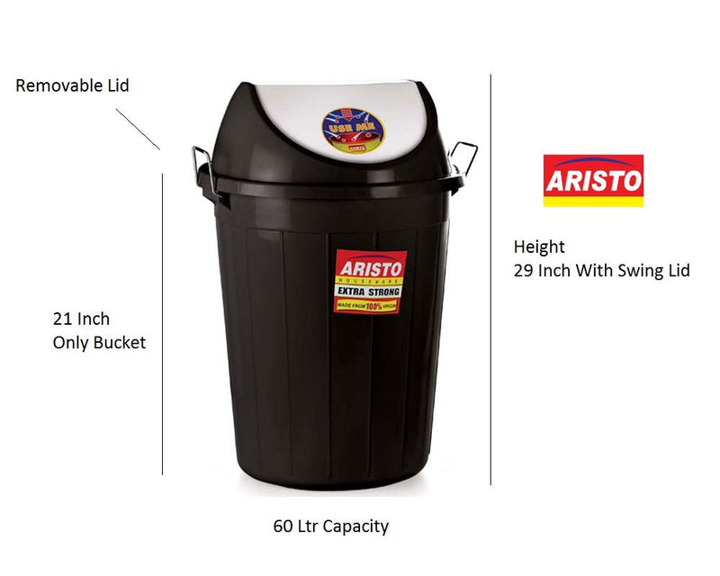 ARISTO Swing Lid Garbage Waste Dustbin 60 LTR (Black)