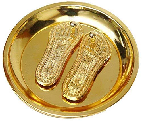 BANSIWAL Golden Laxmi Charan Paduka for Laxmi with Plate and Diwali Pooja Decorative Showpiece - 4 cm (Brass, Gold)