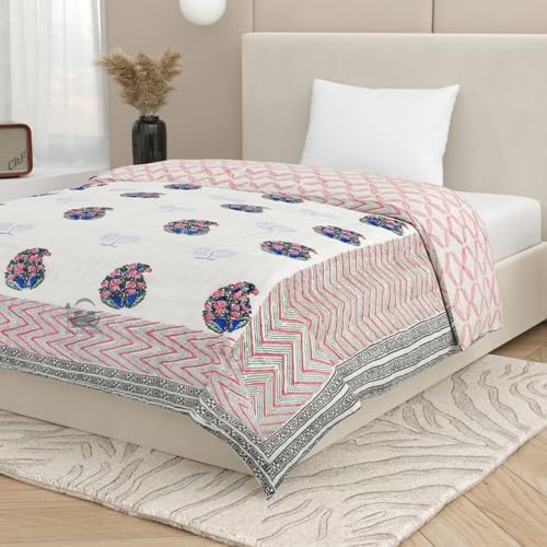 AARMOZY Cotton Jaipuri Razai Single Bed Hand Block Floral Buta Bail Print Quilt Blanket - Blue/Pink (Single Bed D) (60X90INCHES)