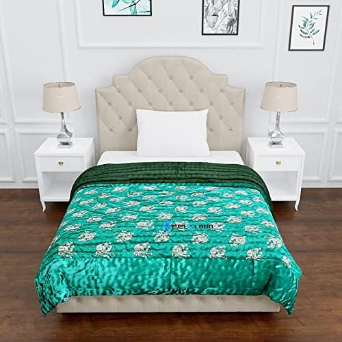 Indiafab Textiles Jaipuri Razai Rajasthani Traditional Silk Fabric Filling Pure Cotton Lightweight Winter and Summer Rajai Quilt Bedding Throw Blanket (Green Elephant Single Bed 60 X 90 INCHES)