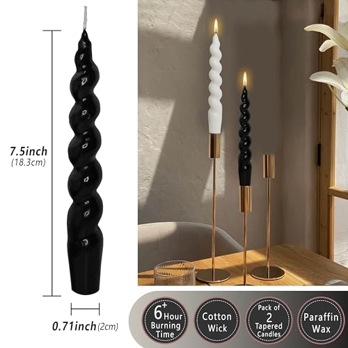 Spiral Taper Candles Unscented Candlesticks - 7 Inch Tapered Candle Twisted Candlesticks Smokeless Candle Stick for Holiday Wedding Party Dinner Table Decoration, White & Blcak