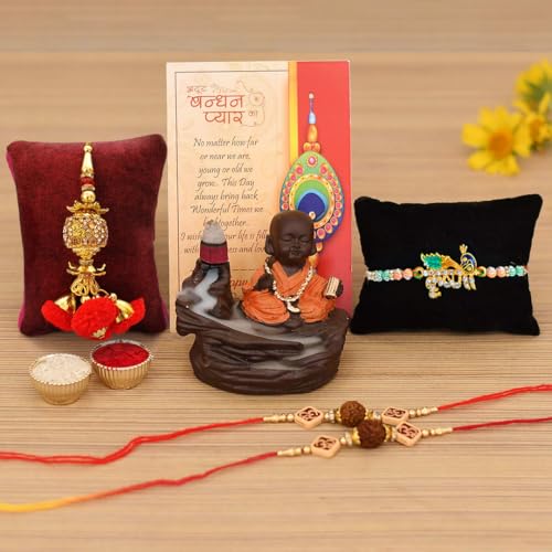 Collectible India Rakhi Gifts for Brother Combo Set - Rakshabandhan Gift for Brother - Monk Buddha Smoke Backflow Cone Incense Showpiece, Rudraksh Rakhi, Krishna Rakhi, Lumba Rakhi, Greeting Card