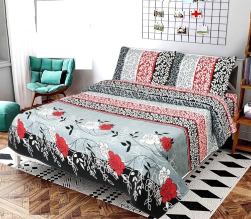 Cotton-Blend Fabric Double Sized(90x90) Inch 1 Bedsheet with 2 Pillow Covers - Double Bedsheet for Double Bed Soft-Touch Skin Friendly(Black & RED Rose)