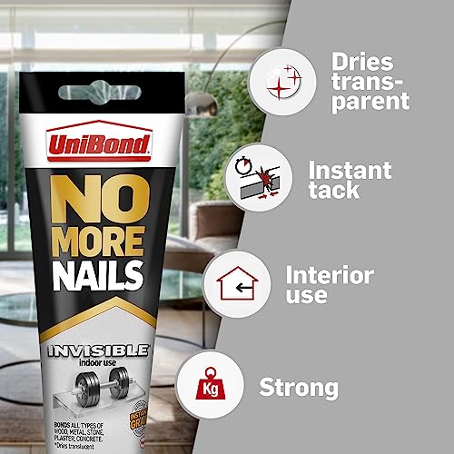 UniBond No More Nails Invisible, Heavy-Duty Clear Glue for Instant DIY mounting & repair jobs, Strong Glue for Wood, Ceramic, Metal, Concrete, Plaster, Brick etc, Interior use, no gun needed, 184g