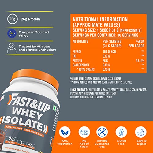 Fast&Up 100% Pure European Whey Protein Isolate, Ultralow Carbs | 30 Servings | 26g Protein per serve | Low Lactose & Gluten Free | Fast Acting, No Bloating - Rich Chocolate Flavour