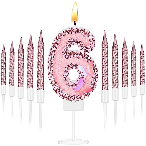 2.75" Large Pink Glitter 6th Year Happy Birthday Candles Girls Number Candles for Birthday Cakes Sequin Numeral Princess Candles Number Birthday Cake Topper with 10 Long Thin Cupcake Candle for Party