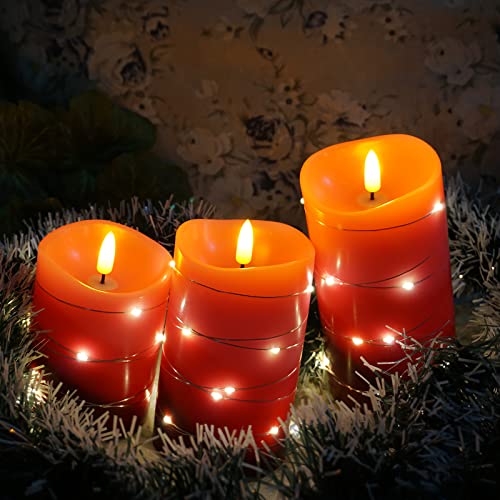 Xinhidar flameless Candle is Rechargeable, Equipped with Embedded String Lights, 3 LED Candles, 11 Key Remote Control, 24-Hour Timer Function, pulsating Flame, and Real Wax. (Gradient red)